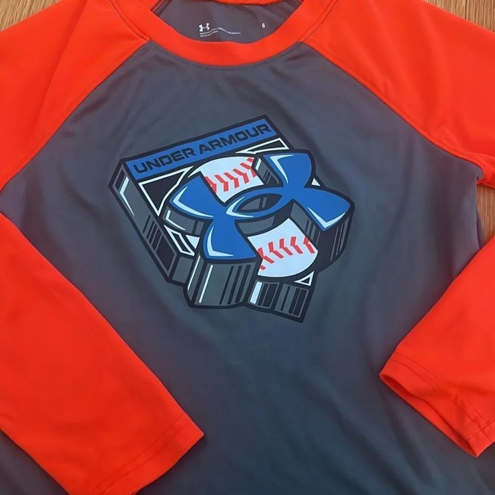 Under Armour Kids Shirt - Orange and Gray baseball theme